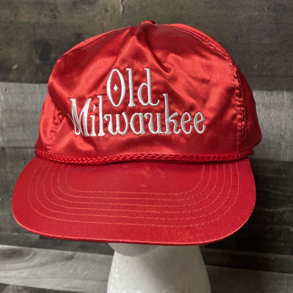 Vtg Old Milwaukee Red Satin Snapback Hat Beer Alcohol